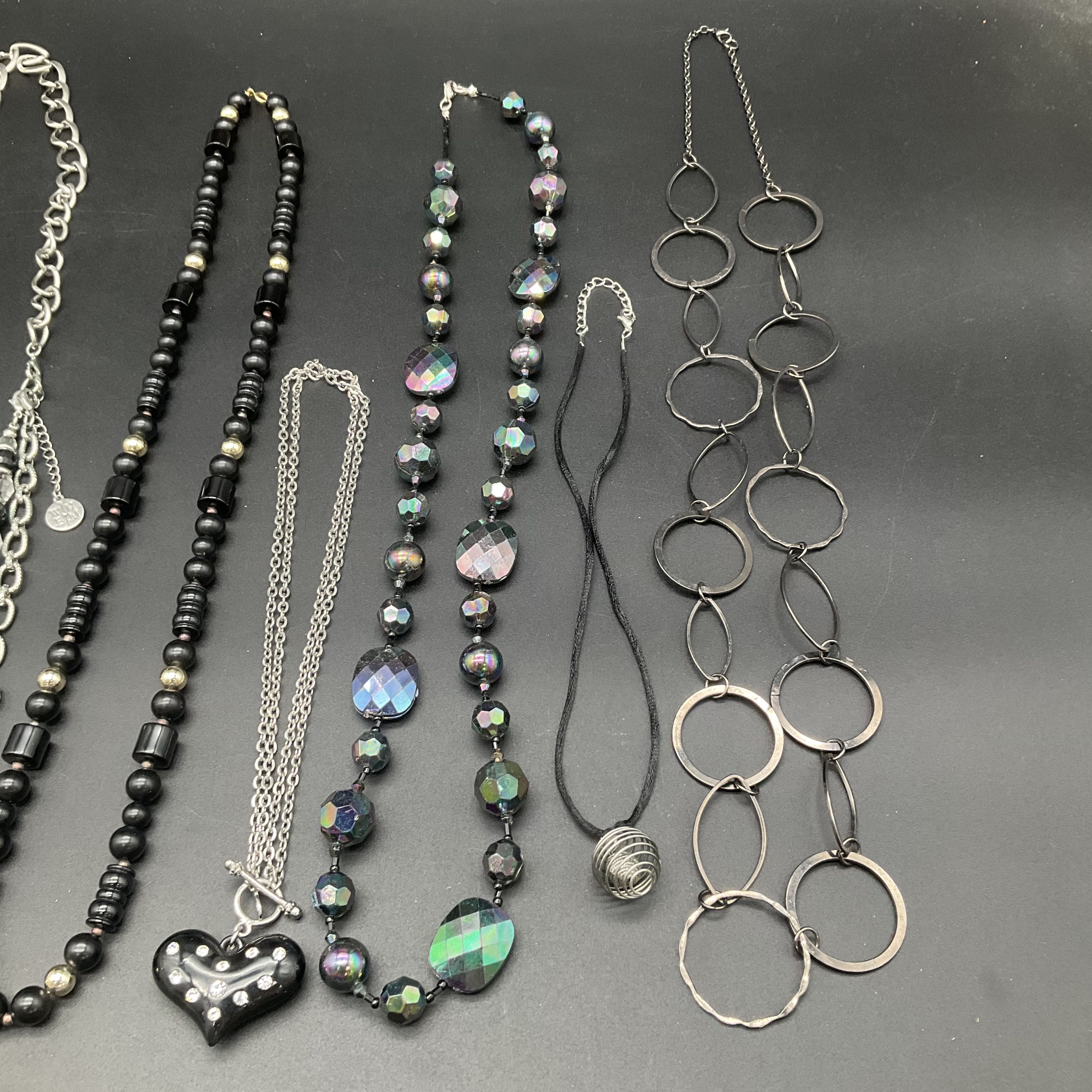 Black and Silver Tone Fashion Jewelry Lot of 7 Necklaces Rhinestone Heart Beads - Image 4