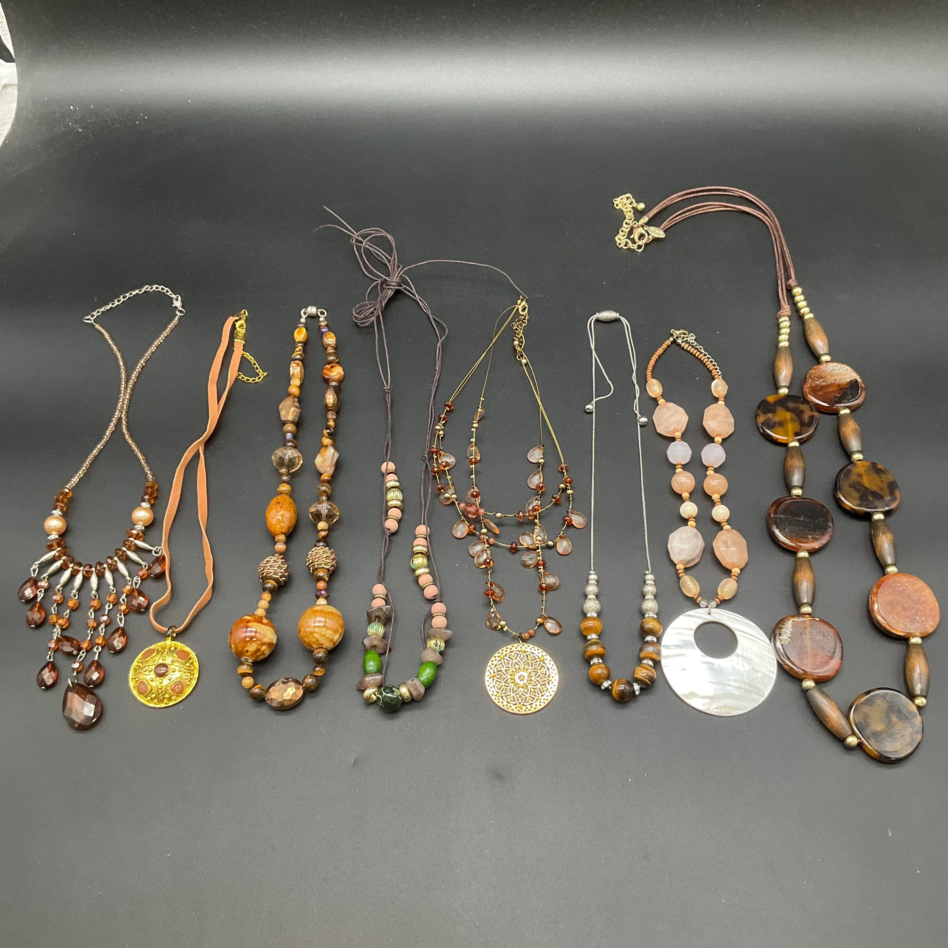 Boho Beaded Statement Necklace Lot of 8 Earthy Stone Wood Shell Pendant Designs