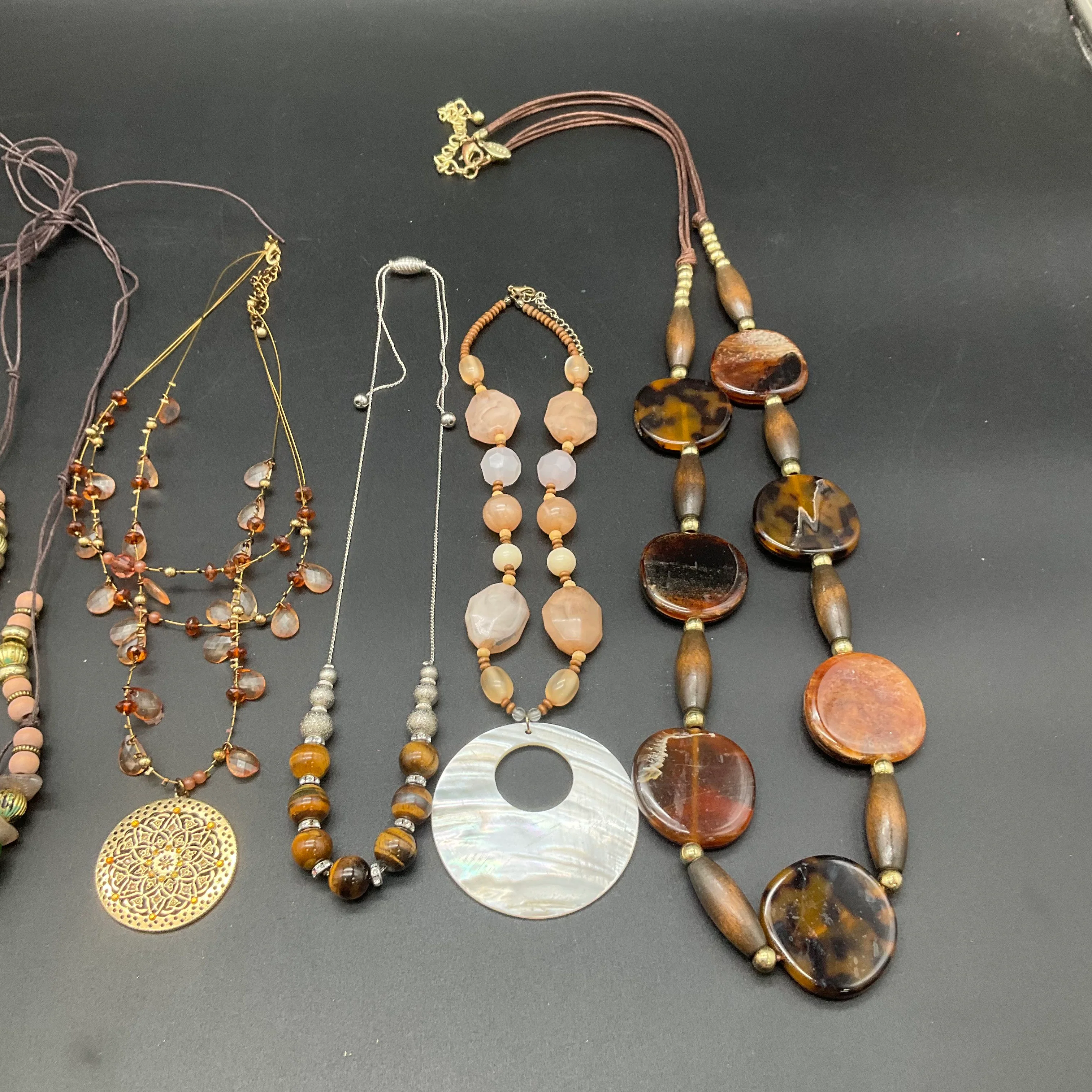 Boho Beaded Statement Necklace Lot of 8 Earthy Stone Wood Shell Pendant Designs - Image 4