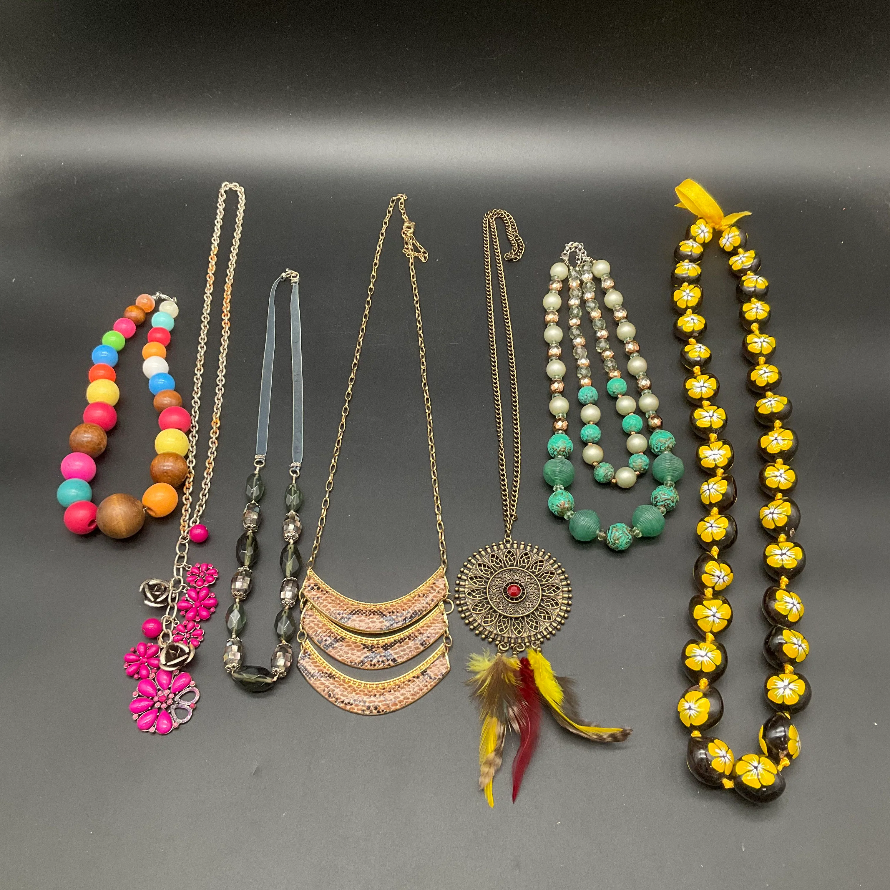 Boho Eclectic Necklace Lot 6pc Beaded Bib Filigree Feather Tribal Hawaiian Style