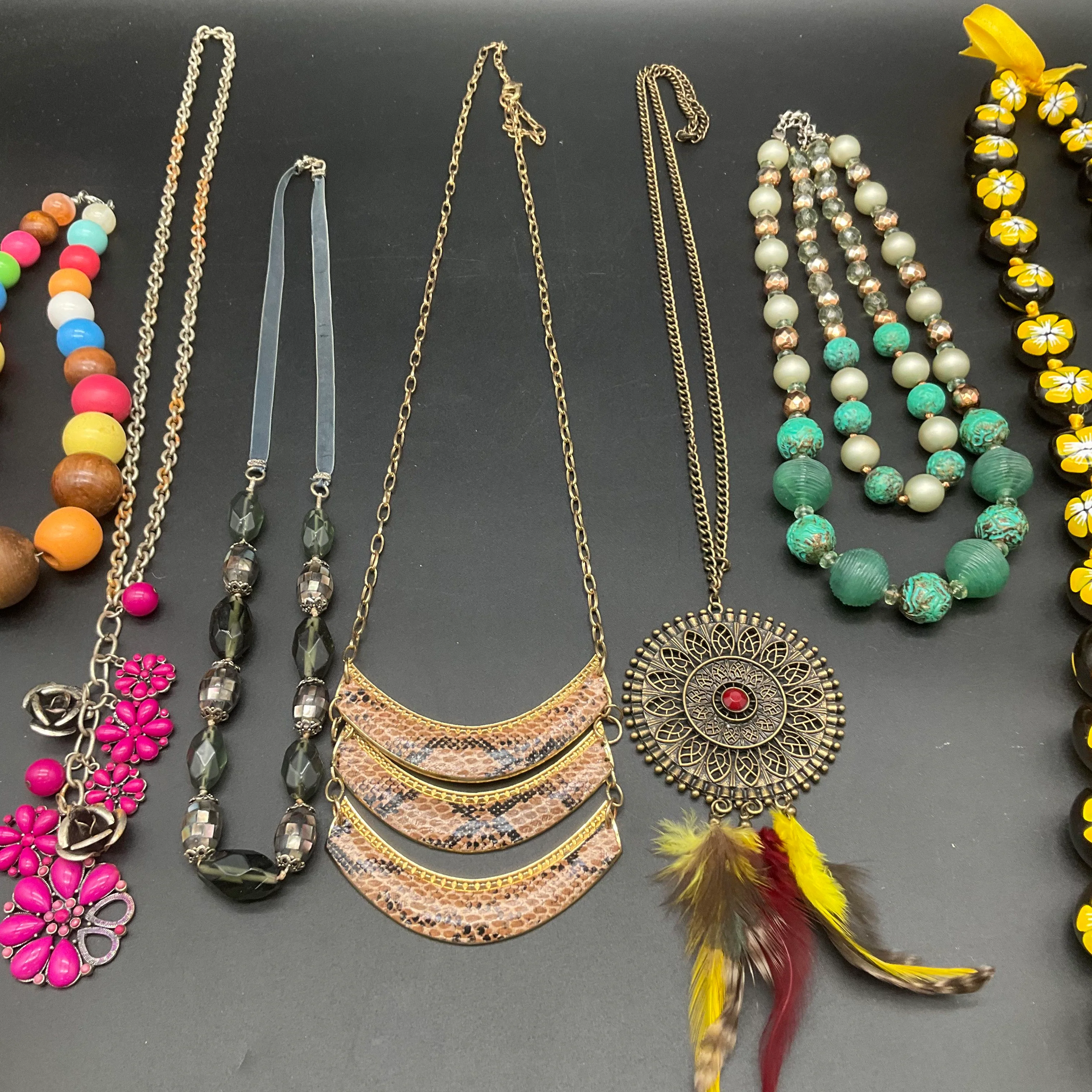 Boho Eclectic Necklace Lot 6pc Beaded Bib Filigree Feather Tribal Hawaiian Style - Image 3