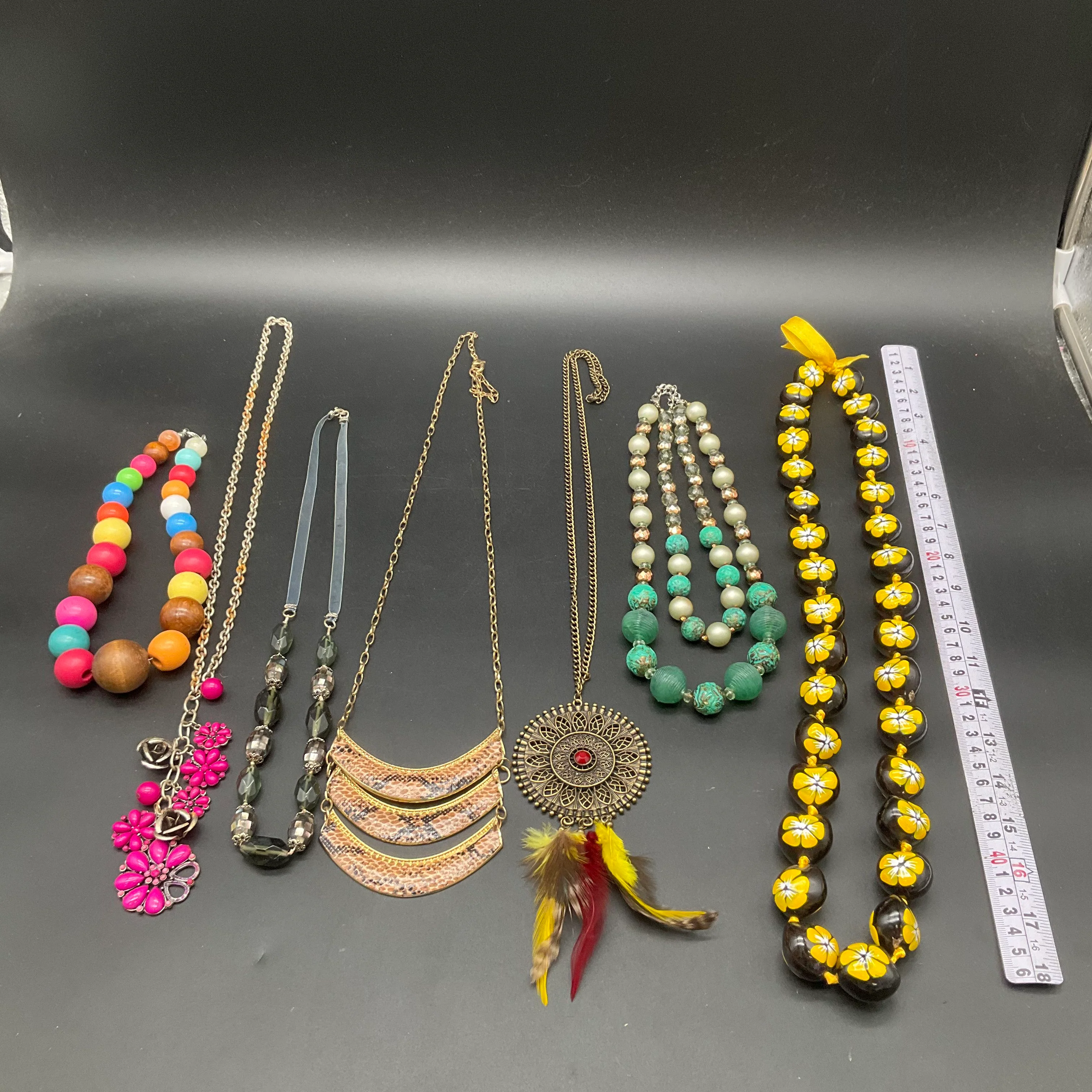 Boho Eclectic Necklace Lot 6pc Beaded Bib Filigree Feather Tribal Hawaiian Style - Image 5