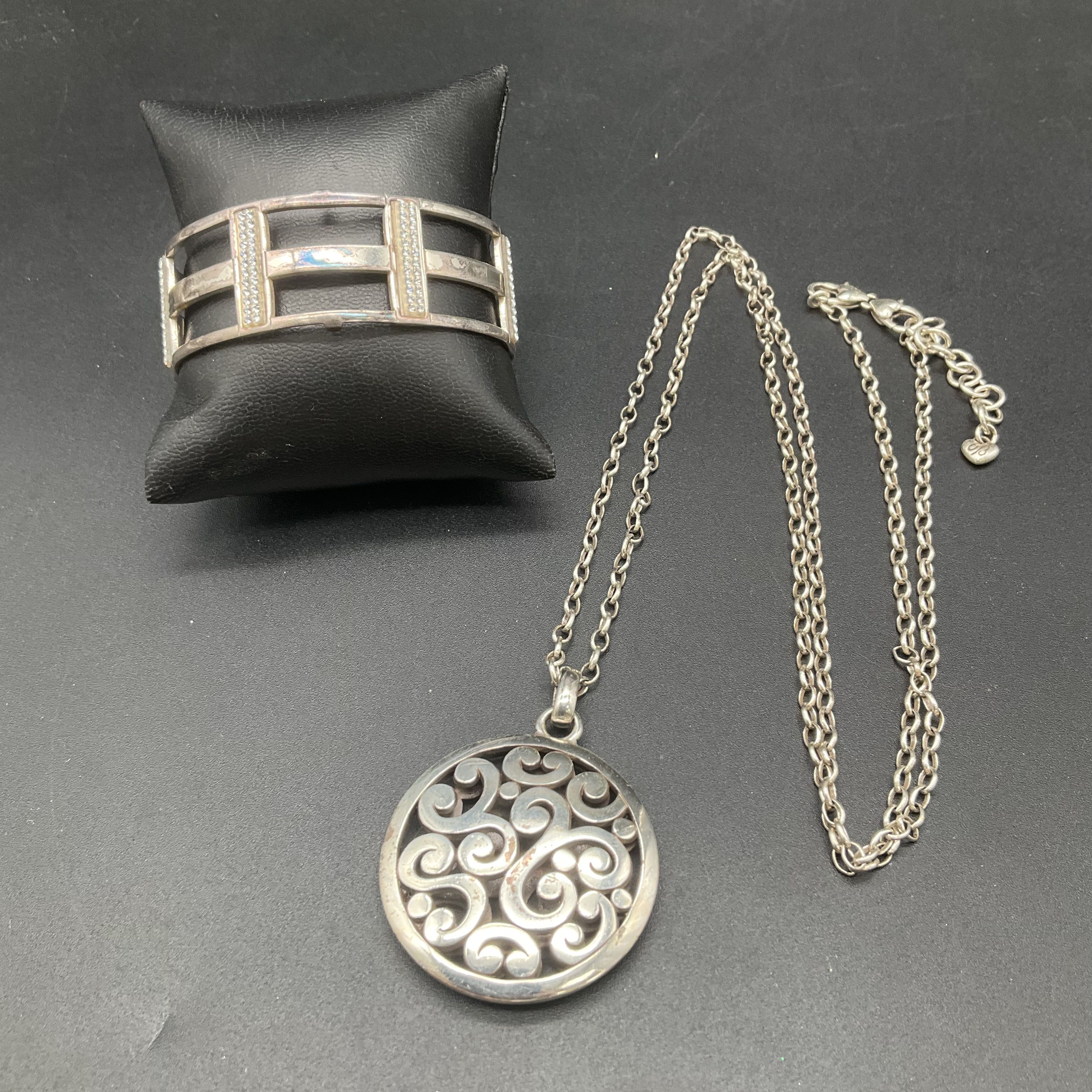 Brighton Vintage 90s Silver Tone Scroll Pendant Necklace Rhinestone Cuff Set