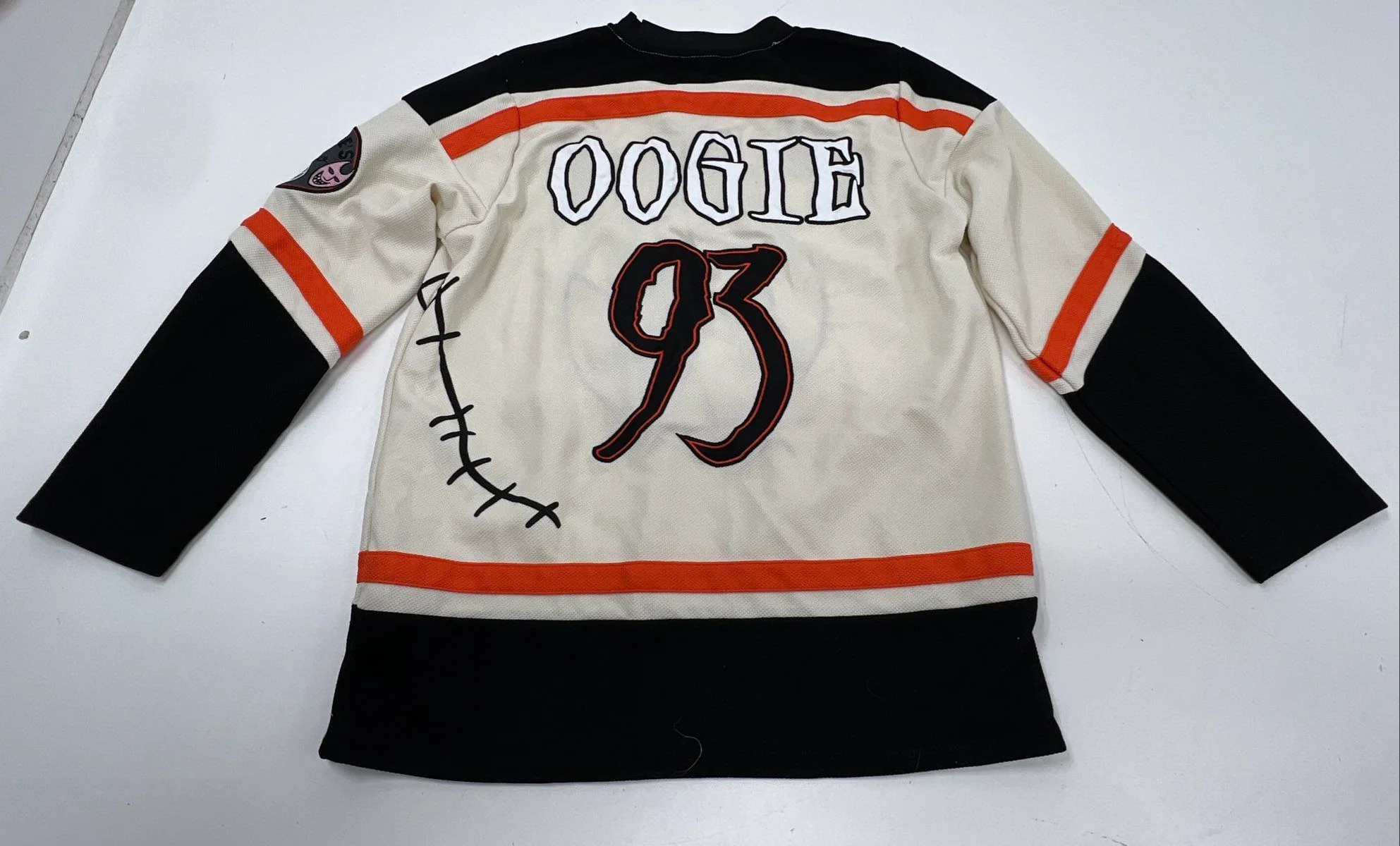 Disney Nightmare Before Christmas Oogie Boogie Hockey Jersey Cream Orange Sz SM - Image 8
