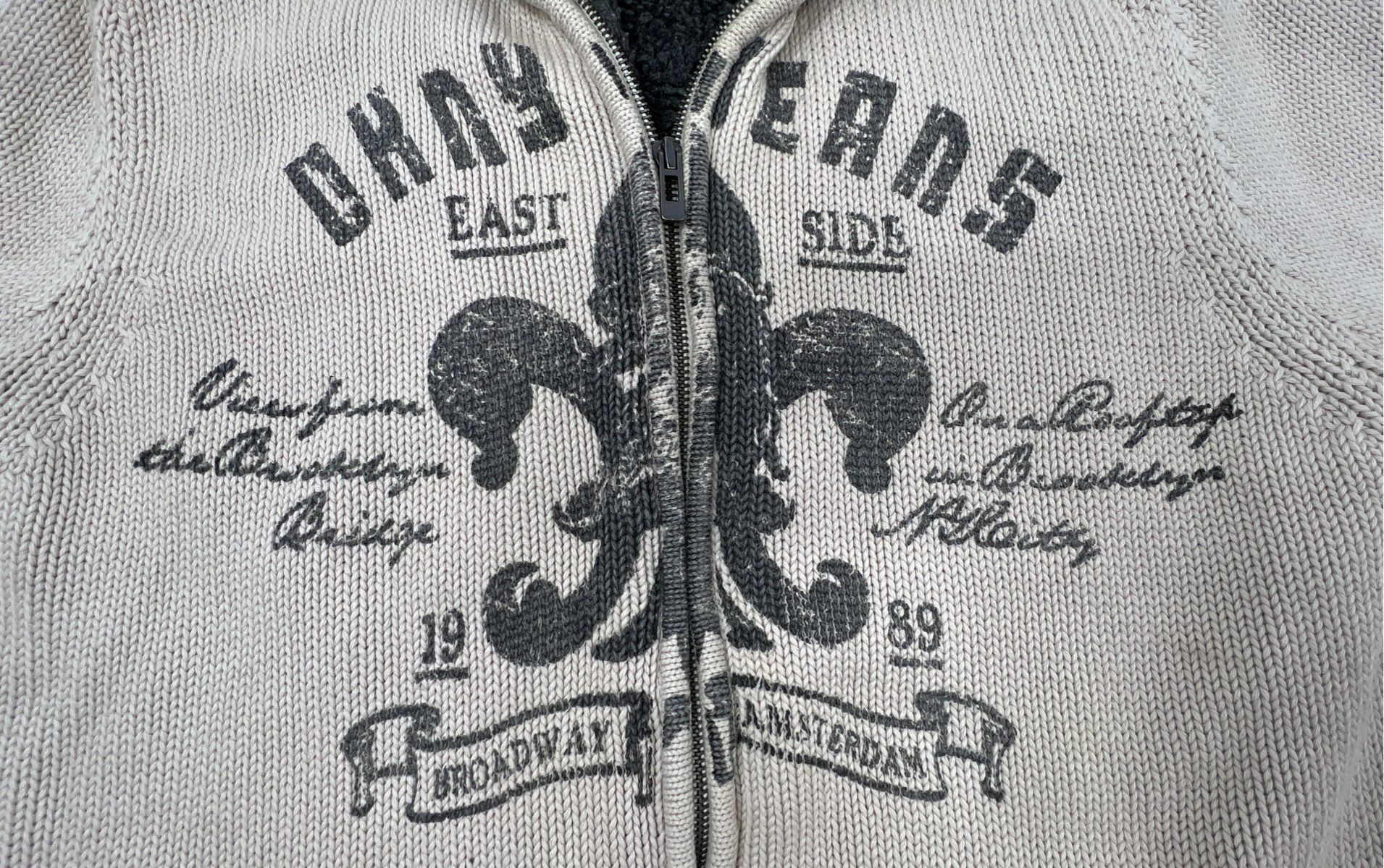 DKNY Jeans Men's Beige Full Zip Knit Jacket Sherpa Lined Fleur De Lis Graphic M - Image 5