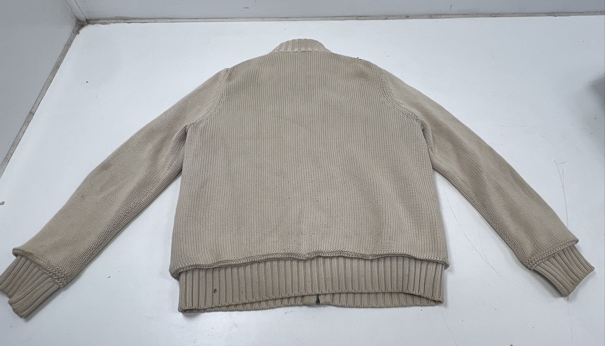 DKNY Jeans Men's Beige Full Zip Knit Jacket Sherpa Lined Fleur De Lis Graphic M - Image 8