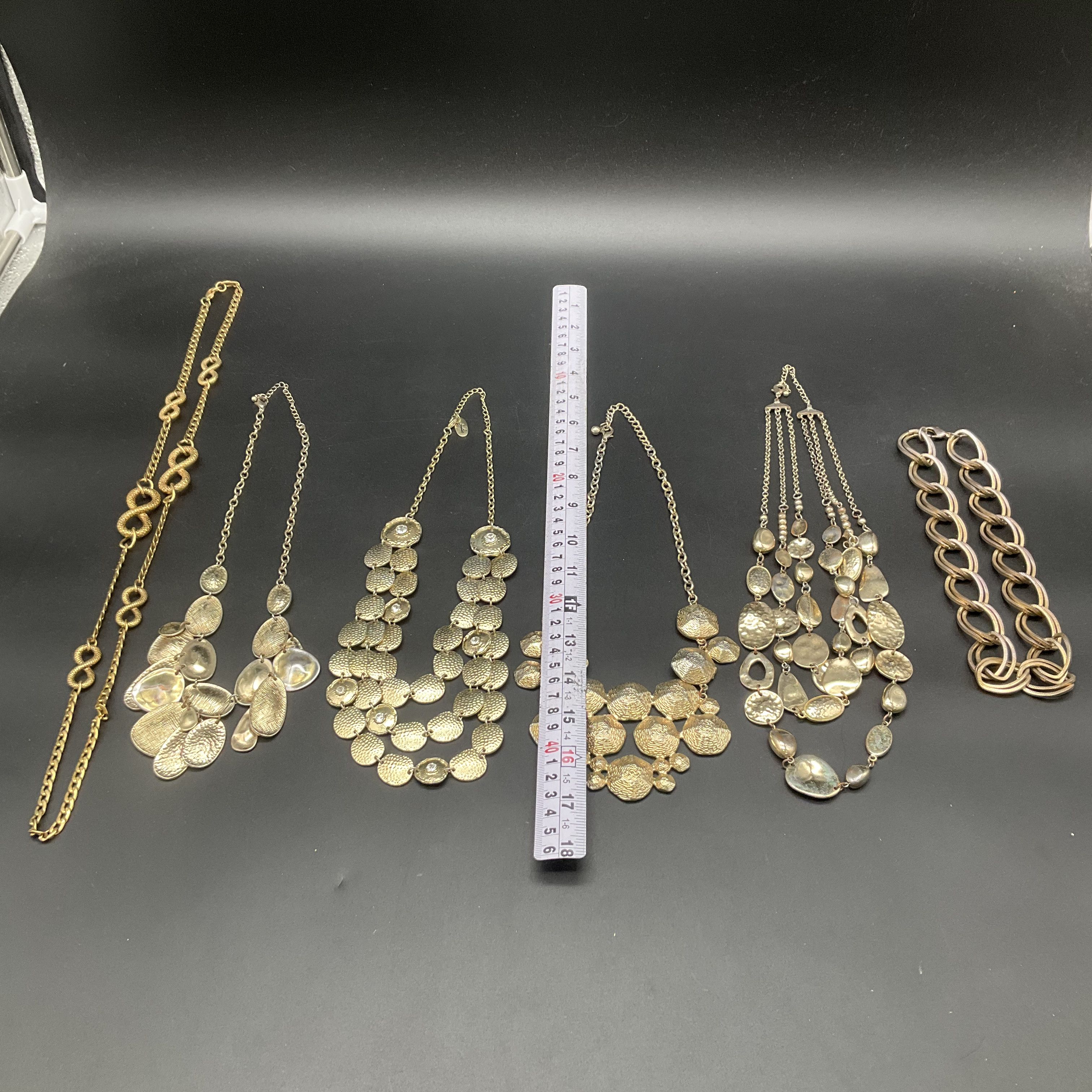 Gold Tone Statement Bib & Chain Jewelry Lot of 6 Modern Hammered Necklaces - Image 5