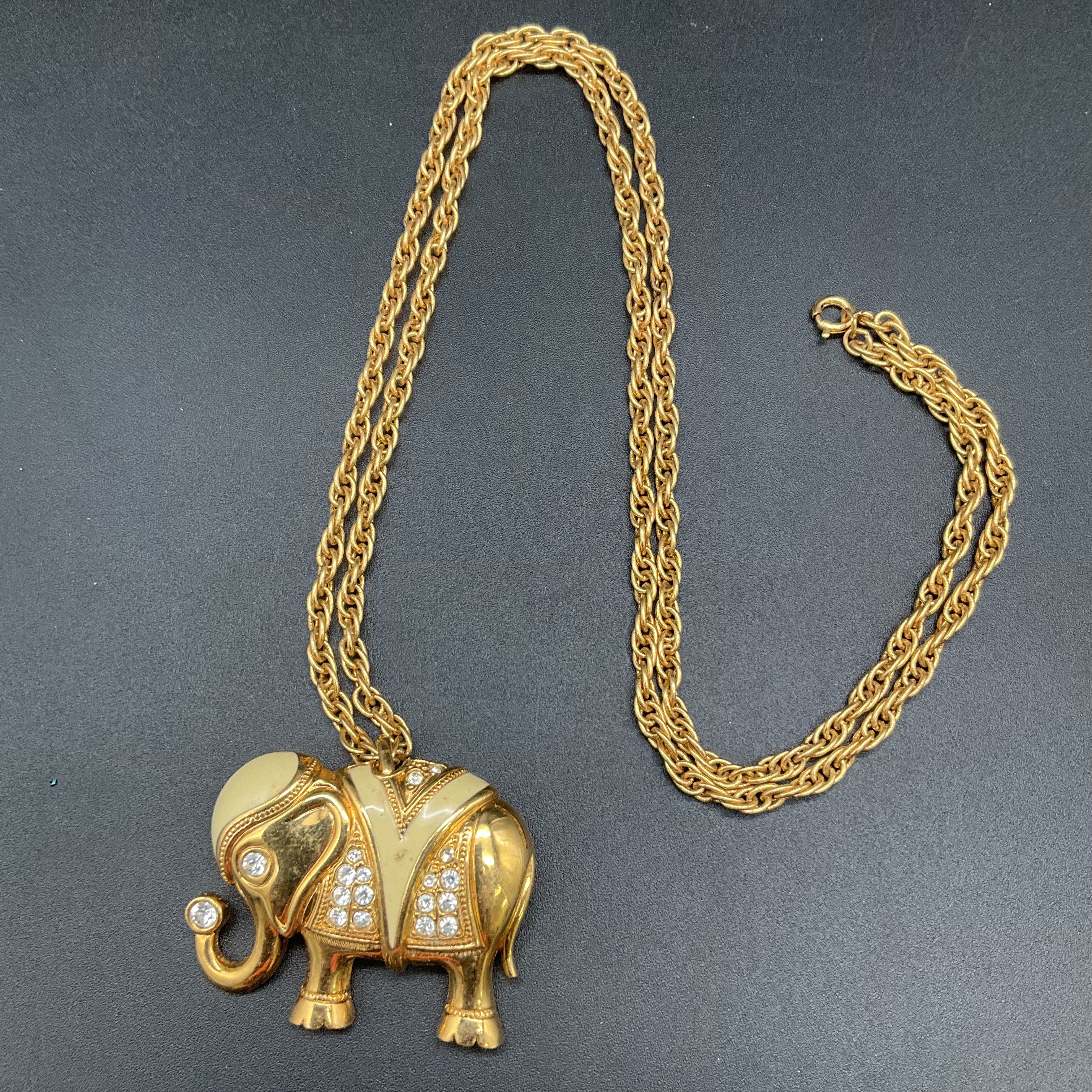 Kenneth Jay Lane for Avon Elephant Brooch Pendant Necklace Gold Tone Rhinestone