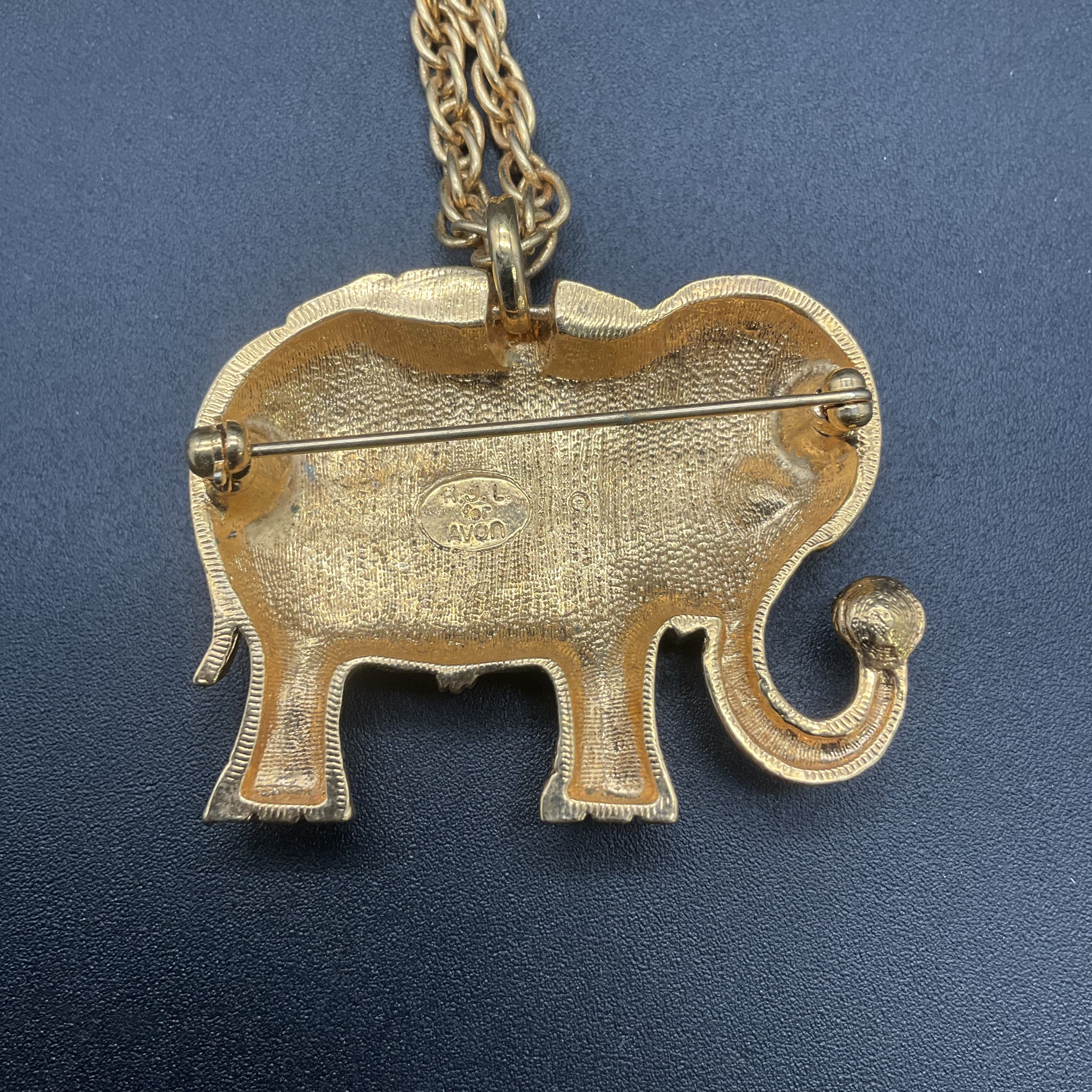 Kenneth Jay Lane for Avon Elephant Brooch Pendant Necklace Gold Tone Rhinestone - Image 3