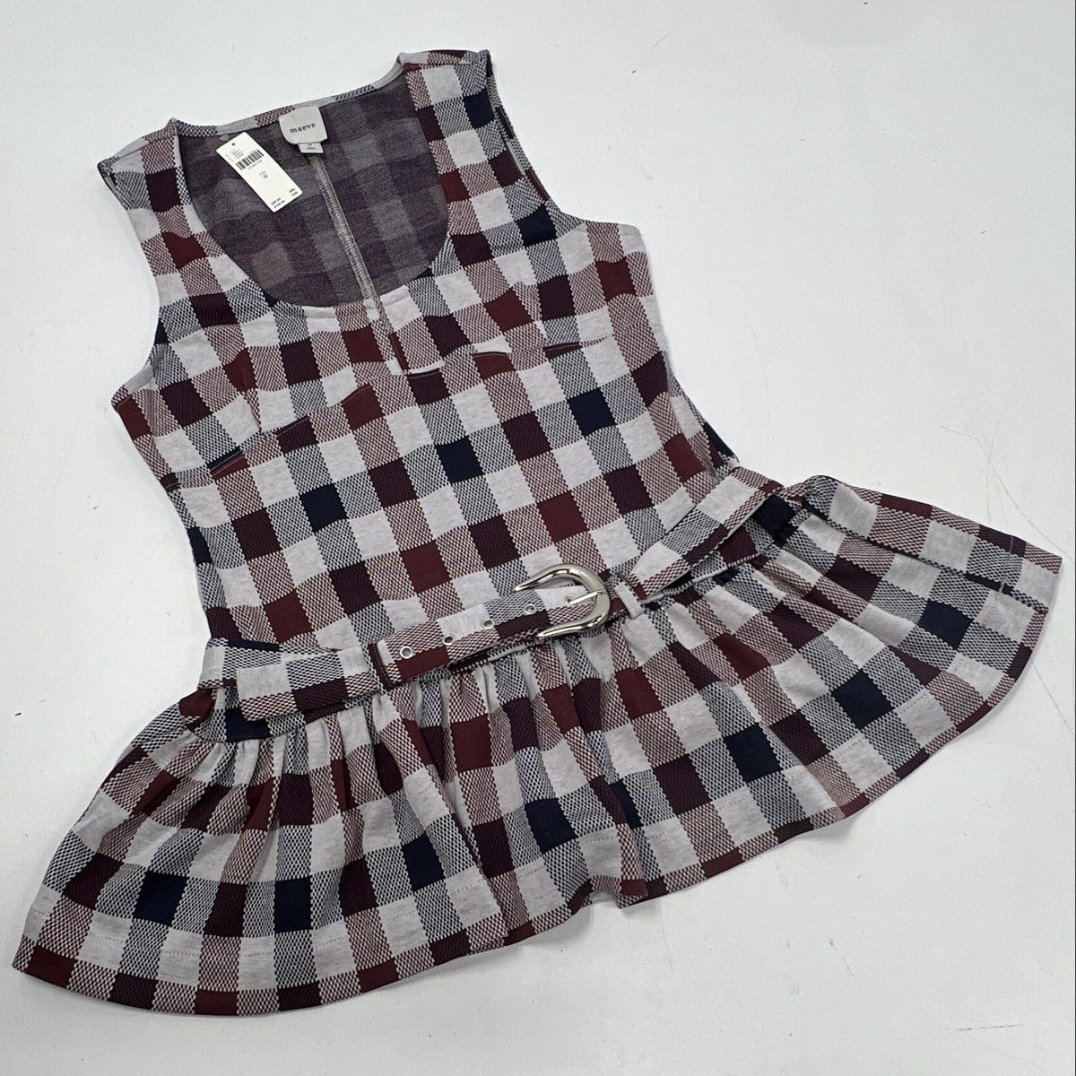 Maeve Anthropologie Women's Burgundy Navy Plaid Belted Peplum Dress NWT Sz M
