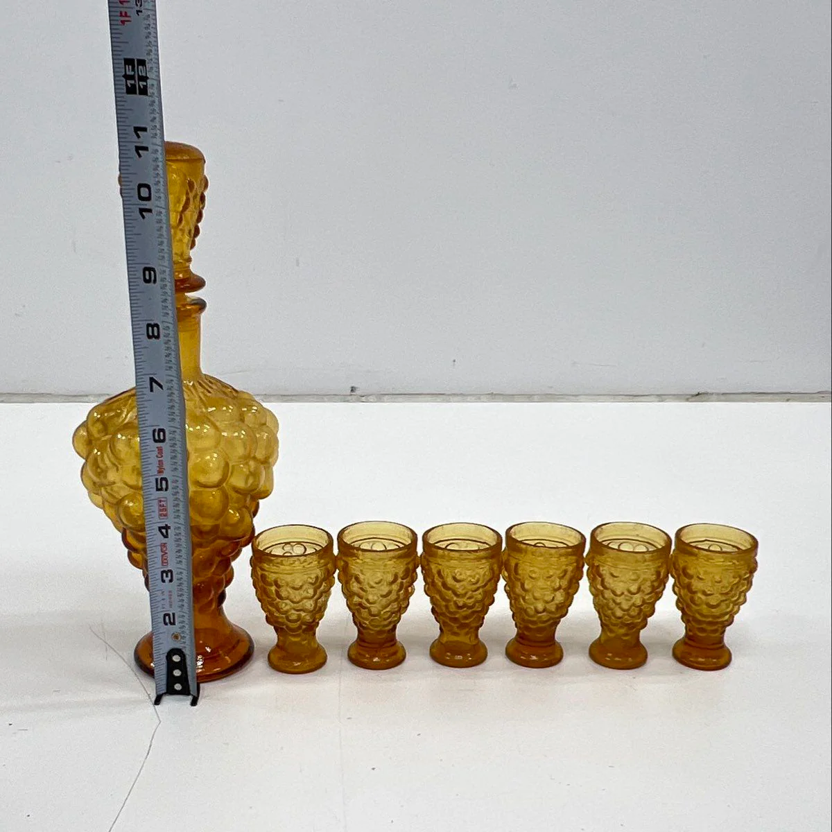 Pressed Glass Grape Harvest 7 Piece Decanter Set Amber 6 Footed Glasses Vintage - Image 4