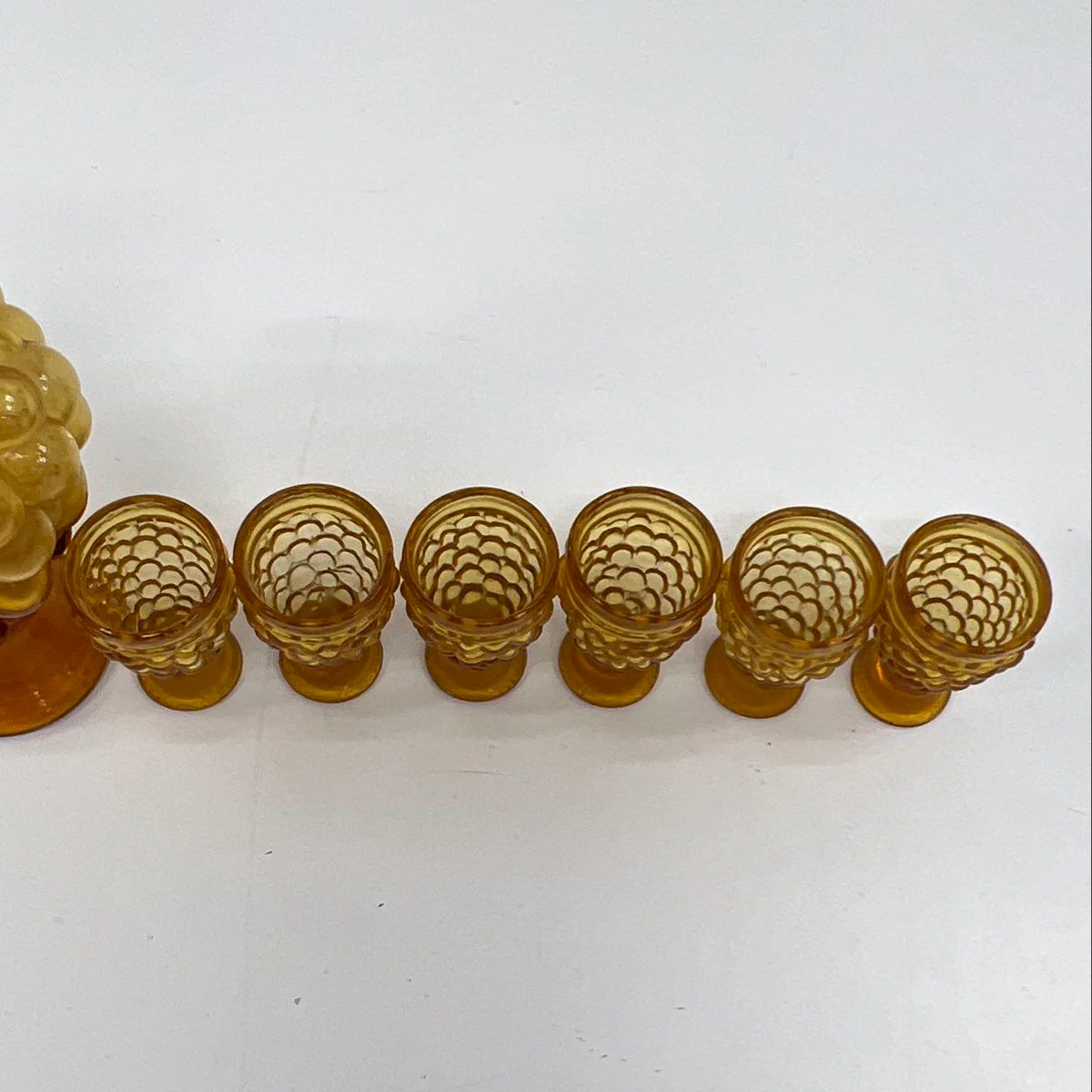 Pressed Glass Grape Harvest 7 Piece Decanter Set Amber 6 Footed Glasses Vintage - Image 7