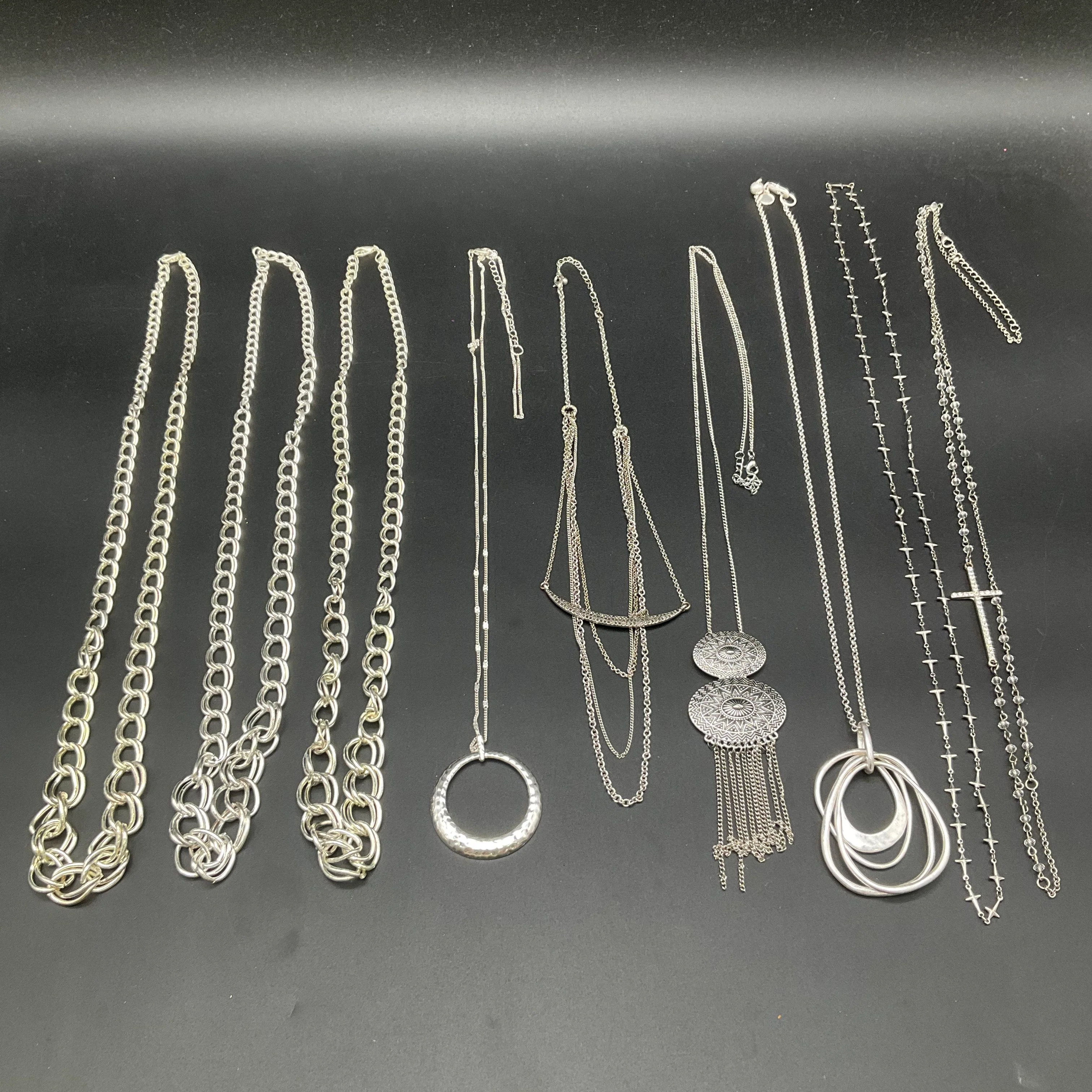 Silver Tone Fashion Jewelry Necklace Lot 9 Piece Cross Boho Chunky Link Pendants