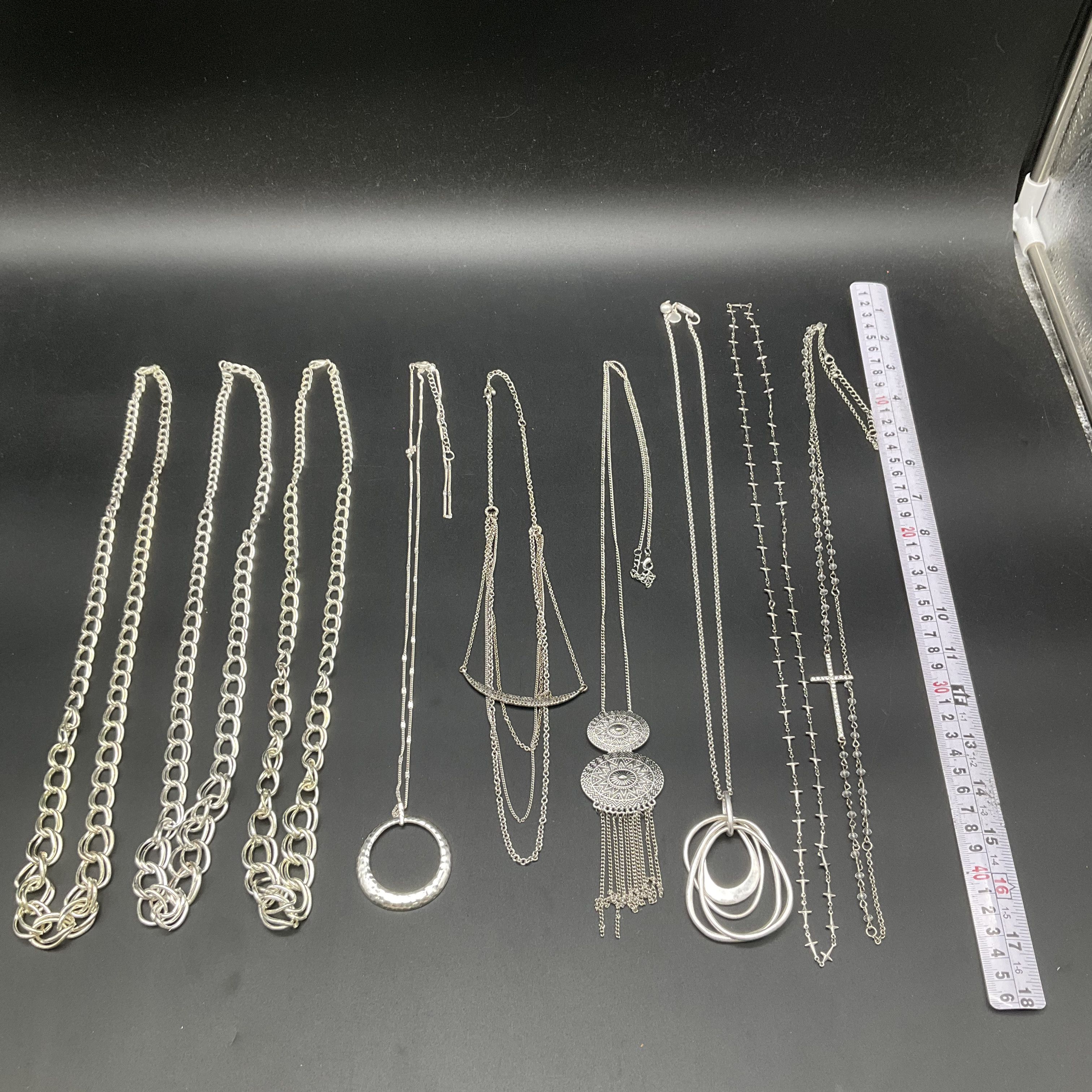 Silver Tone Fashion Jewelry Necklace Lot 9 Piece Cross Boho Chunky Link Pendants - Image 5