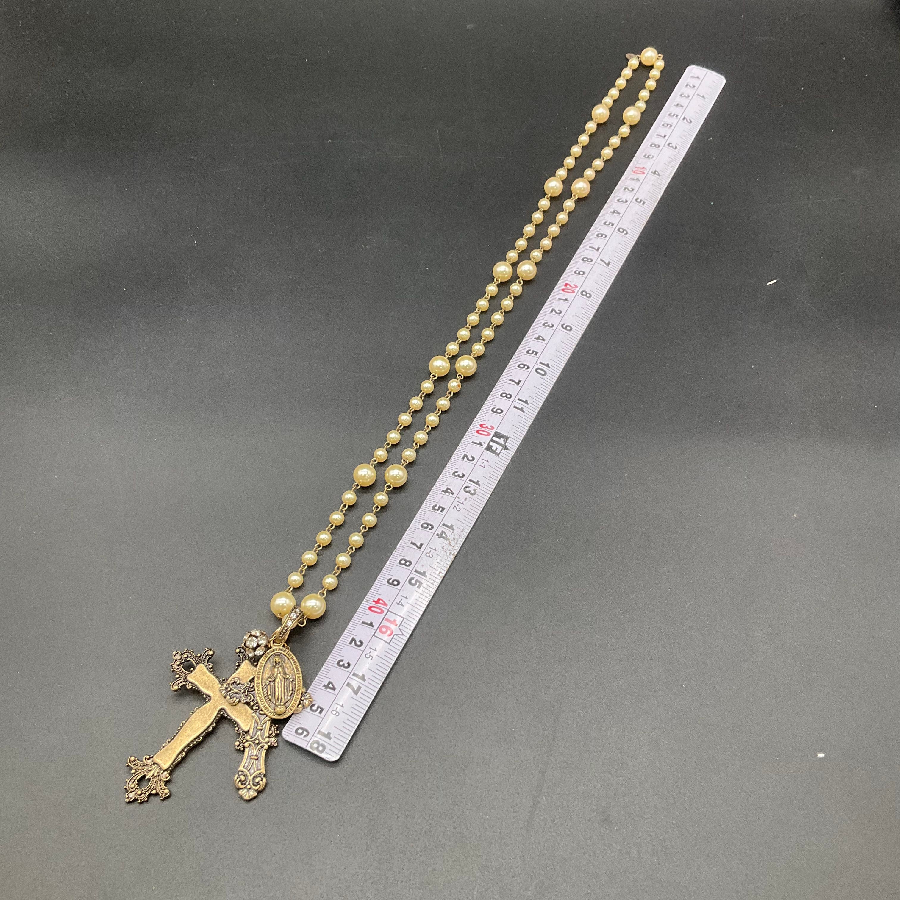 Victorian Style Faux Pearl Religious Cross Necklace & Two Stretch Bracelets Lot - Image 5