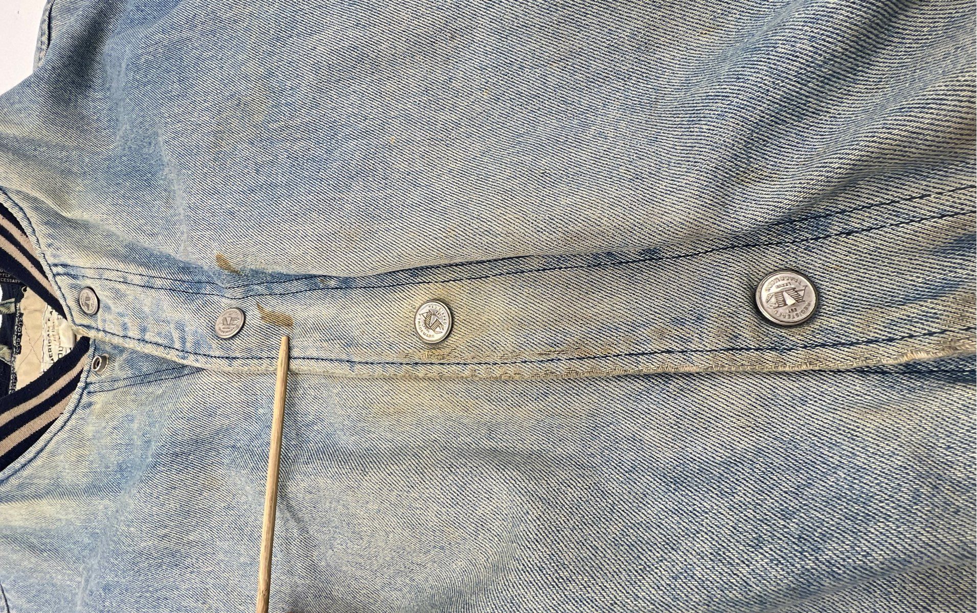 Vintage 90s American Eagle Men's Denim Varsity Jacket Blue Tan Sz XL - Image 5