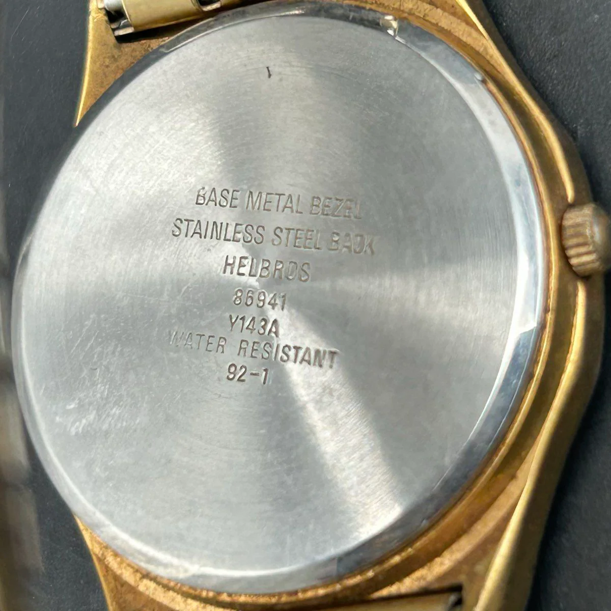 Vintage 90s Helbros Quartz Watch Gold Tone Day Date Speidel Band - Image 3