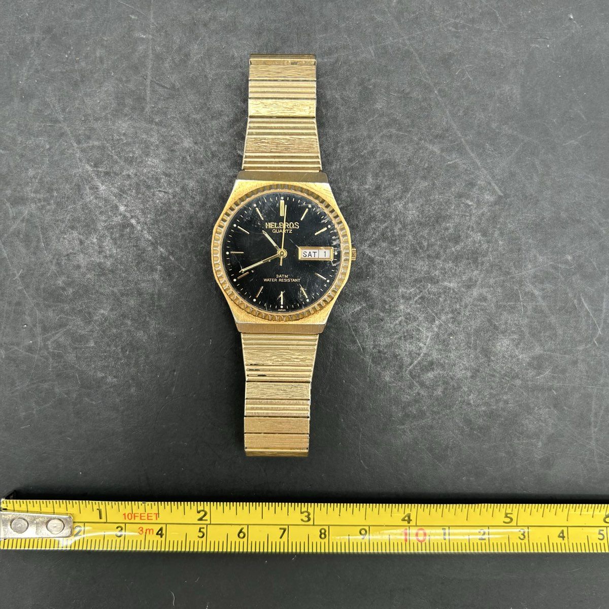 Vintage 90s Helbros Quartz Watch Gold Tone Day Date Speidel Band - Image 7