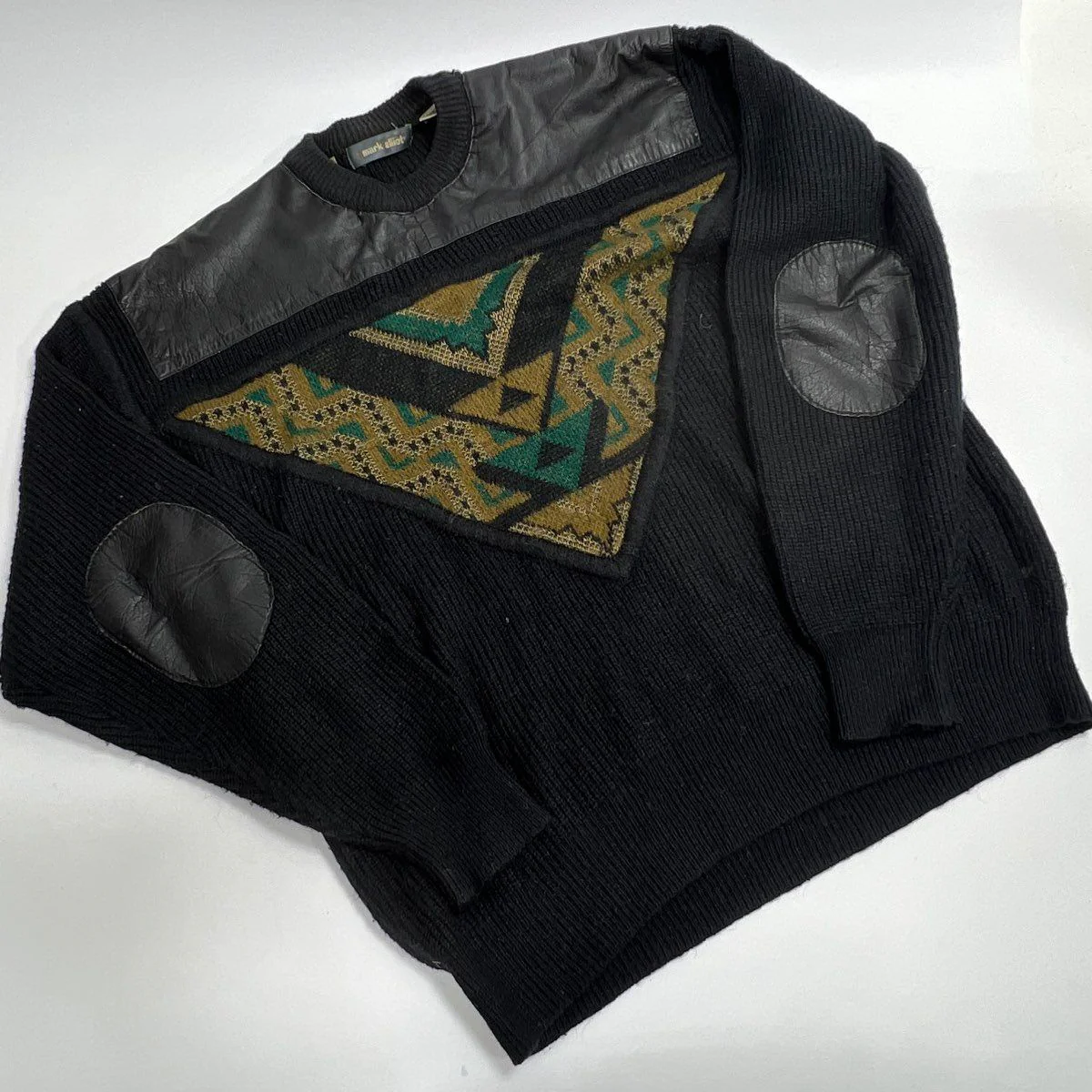 Vintage 90s Mark Elliot Men's Black Sweater Leather Trim Southwestern Sz M