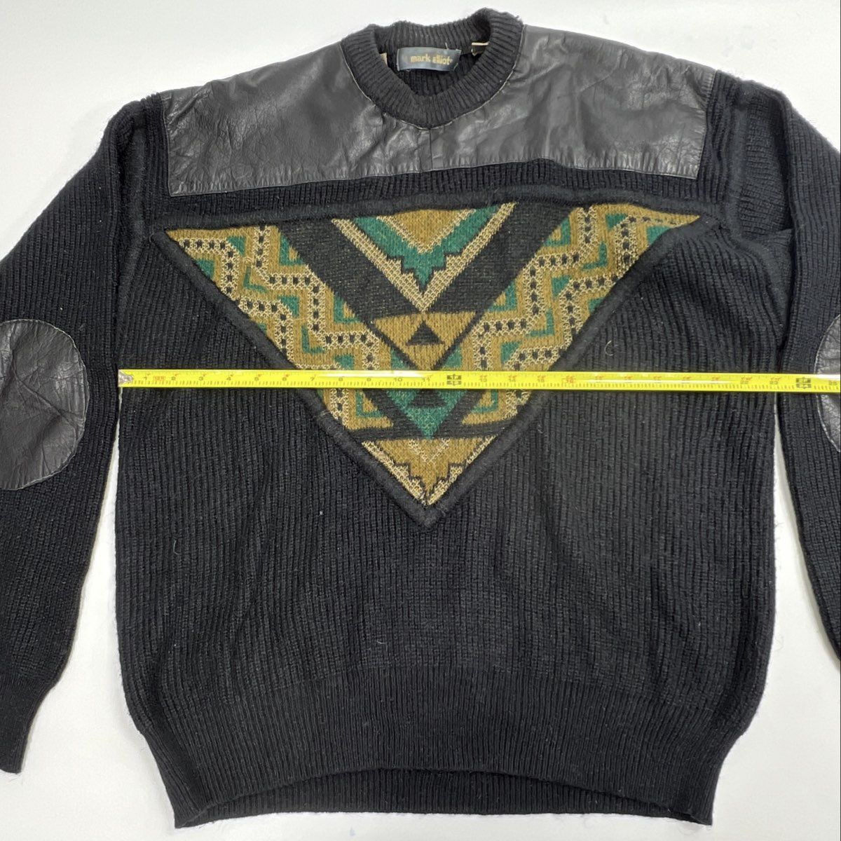 Vintage 90s Mark Elliot Men's Black Sweater Leather Trim Southwestern Sz M - Image 5