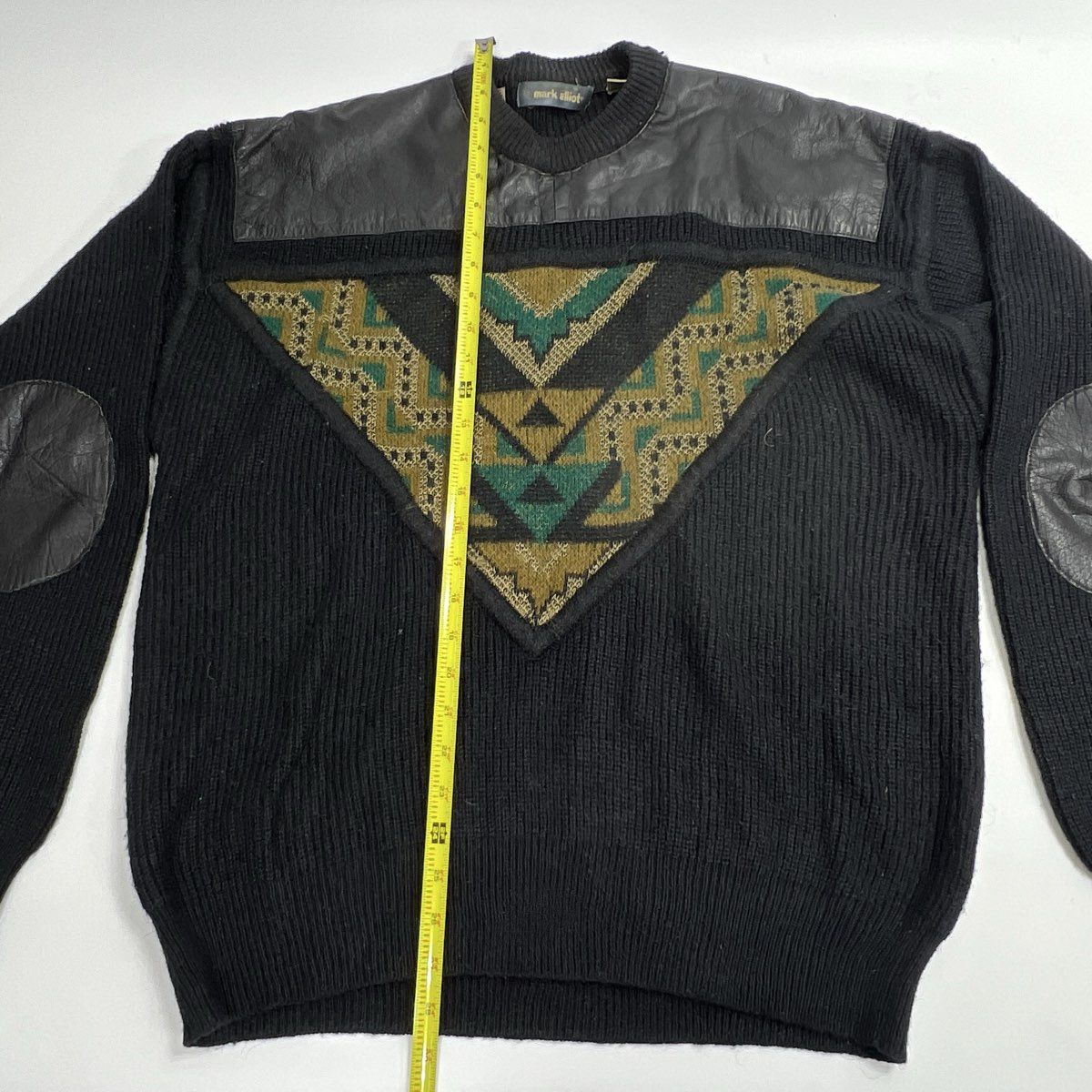 Vintage 90s Mark Elliot Men's Black Sweater Leather Trim Southwestern Sz M - Image 6