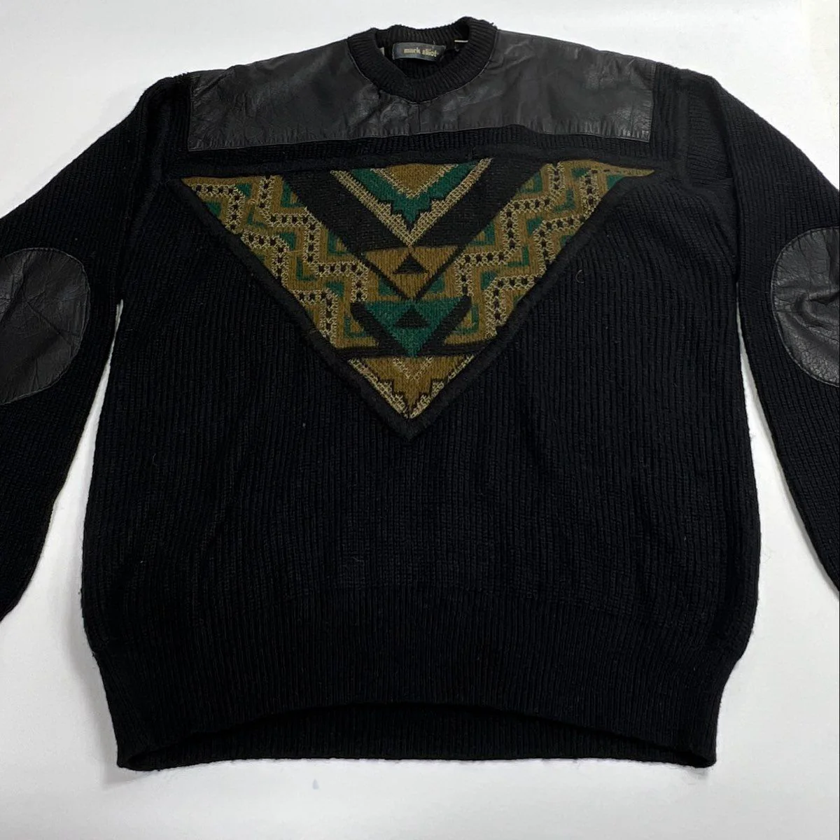 Vintage 90s Mark Elliot Men's Black Sweater Leather Trim Southwestern Sz M - Image 7
