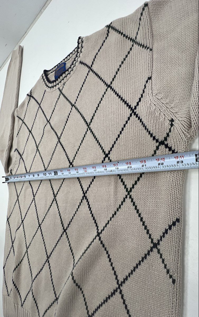 Vintage 90s Pendleton Men's Beige Cotton Diamond Grid Argyle Sweater Sz L - Image 4