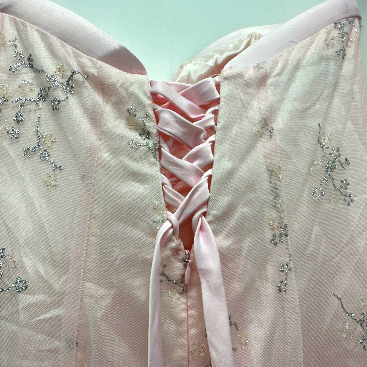Vintage 90s Zum Zum Pink Sequin Floral Strapless Lace Up Back Prom Dress Sz 5/6 - Image 3