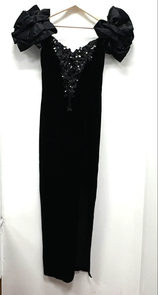 Vintage 90s Zum Zum Women's Black Velvet Sequin Ruffle Pouf Sleeve Dress Sz 3 - Image 3