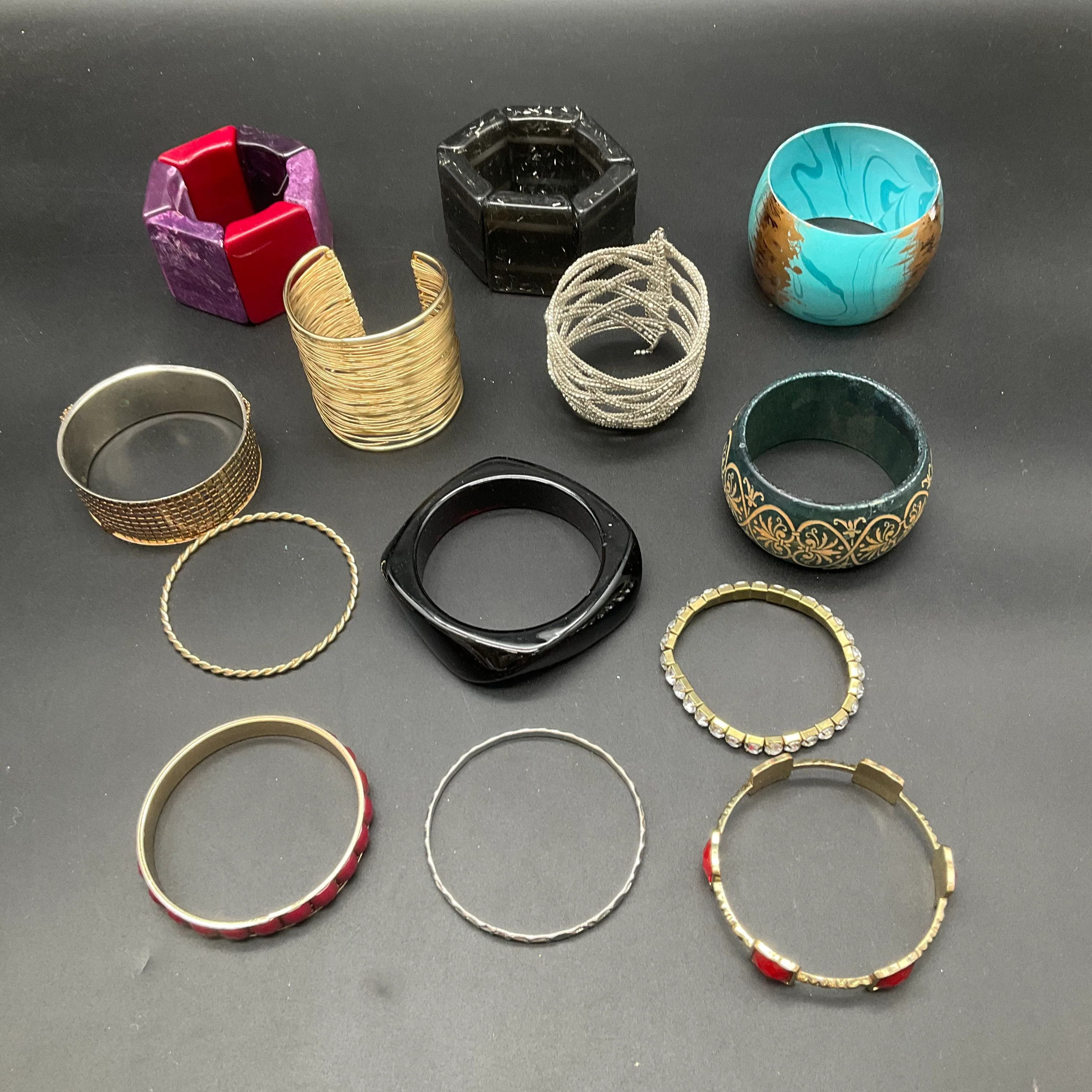 Vintage and Modern Costume Jewelry Lot 13 Bangle Cuff Acrylic Metal Bracelets - Image 3