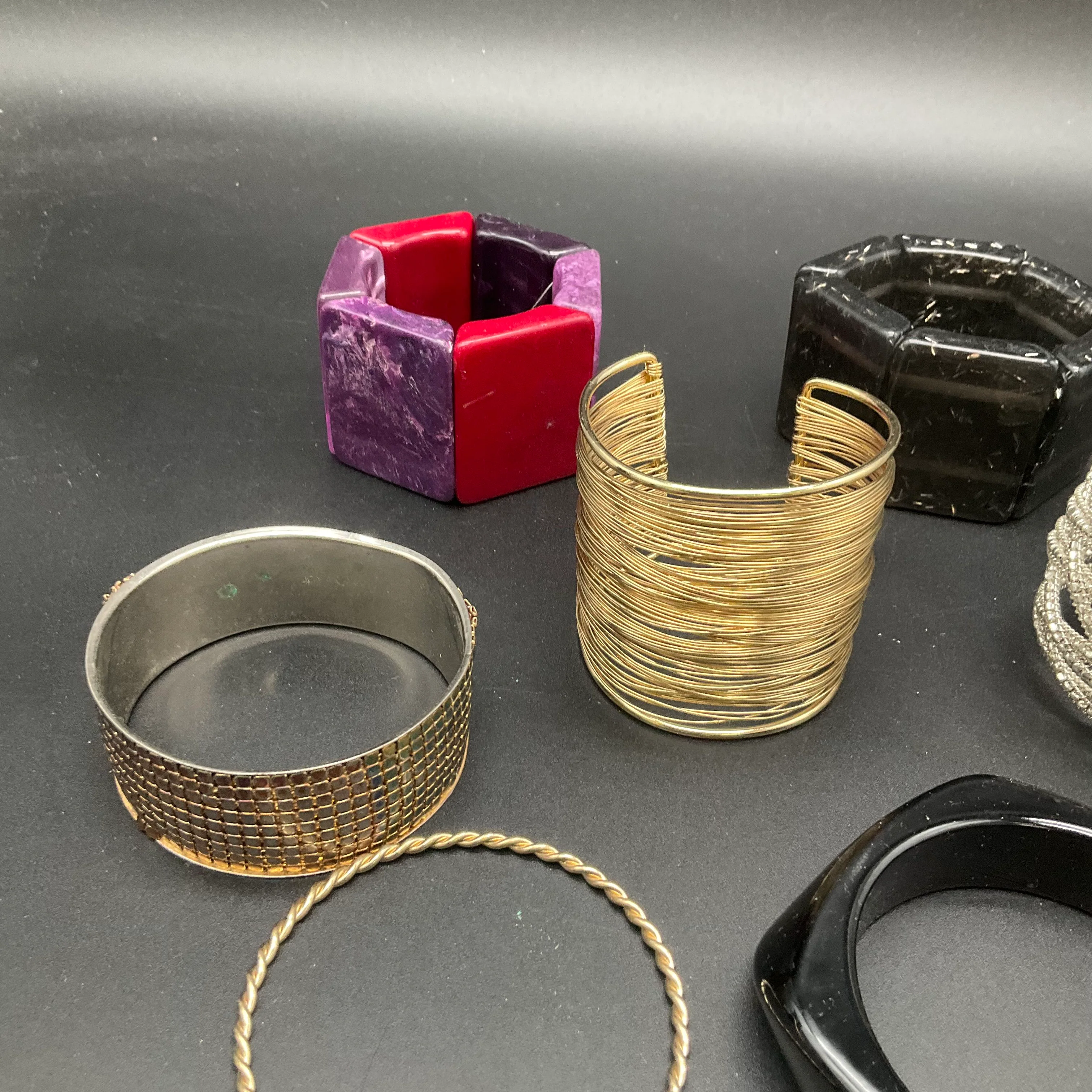 Vintage and Modern Costume Jewelry Lot 13 Bangle Cuff Acrylic Metal Bracelets - Image 4