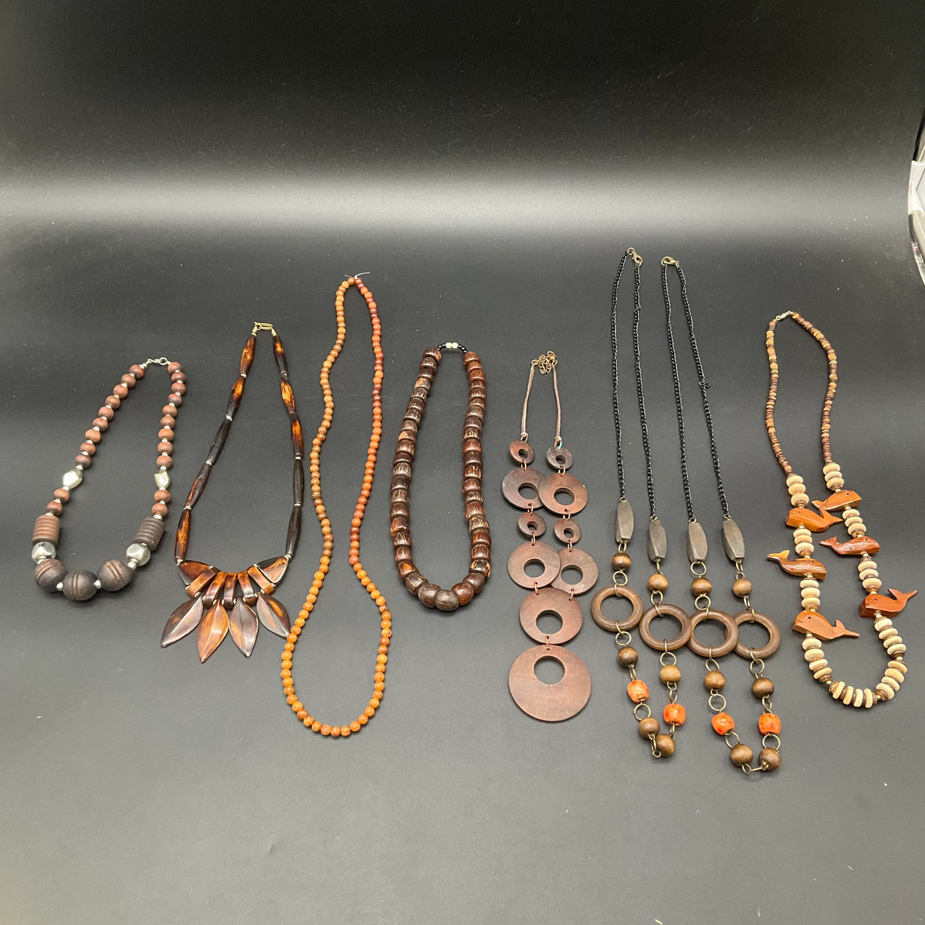 Vintage Boho Natural Wood Beaded Statement Necklaces Jewelry Lot of 7