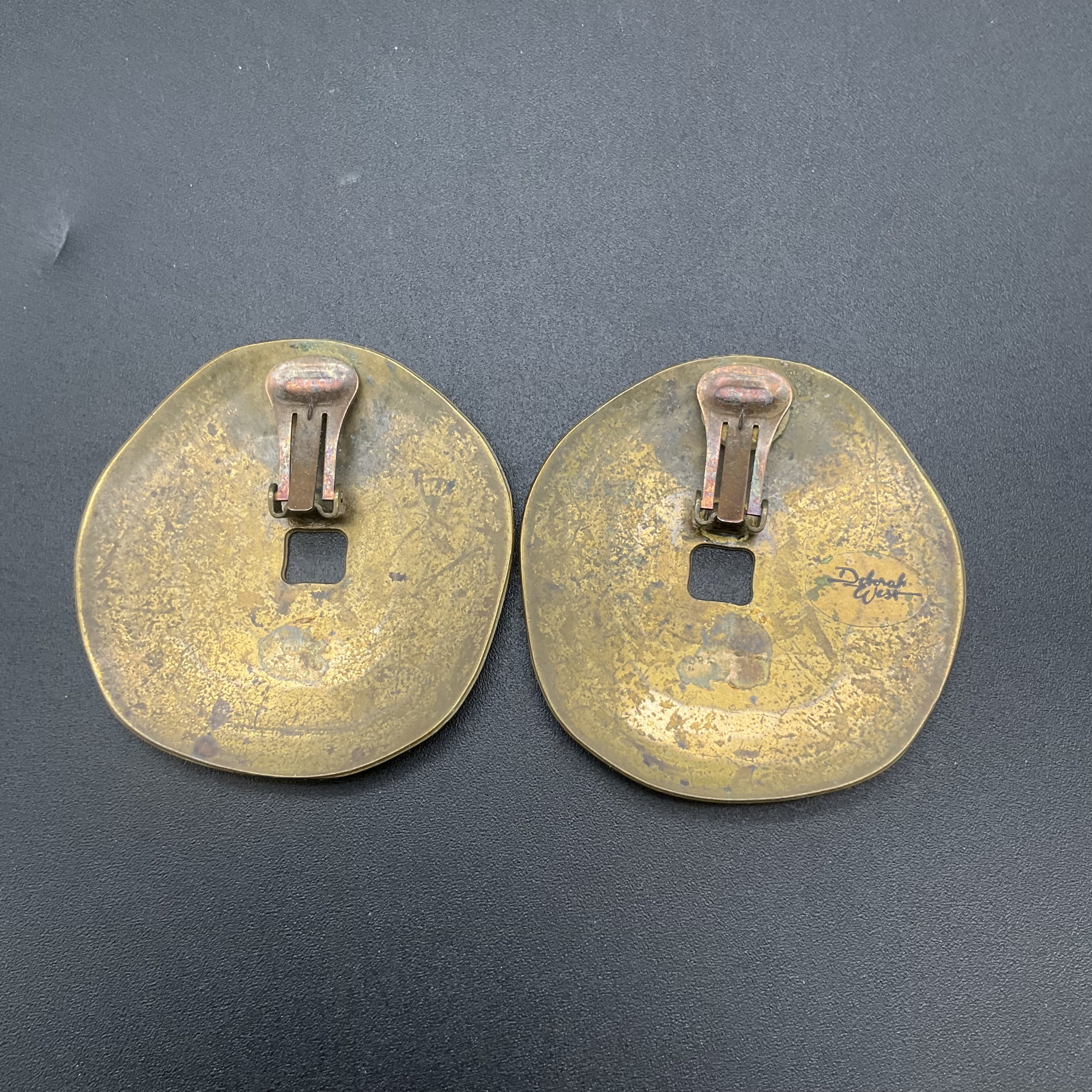 Vintage Deborah West Brass Clip On Earrings Large Abstract Coin Design 2" - Image 3