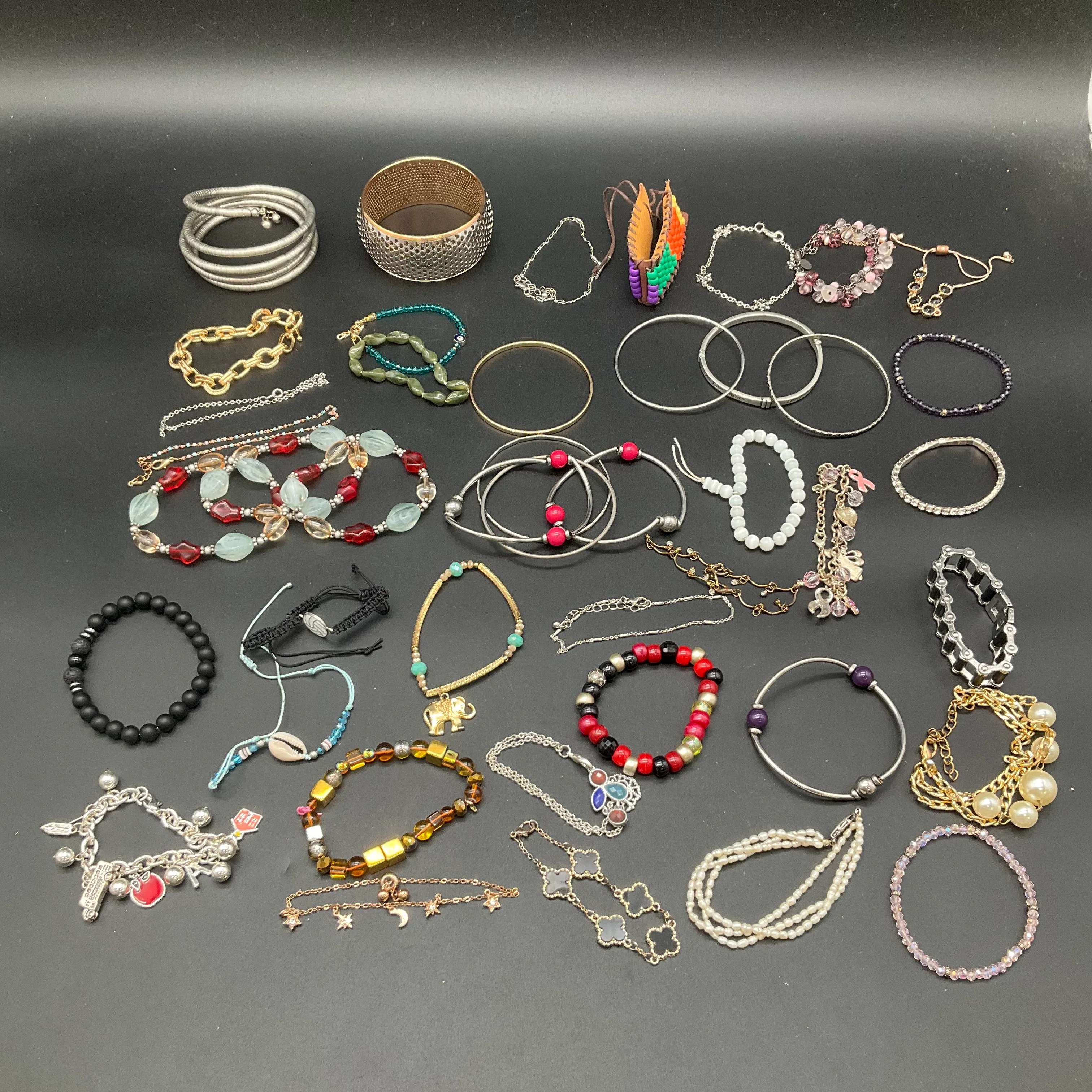 Vintage & Modern Bracelet Jewelry Lot of 40 Beaded Bangle Charm Cuff Mesh Chain