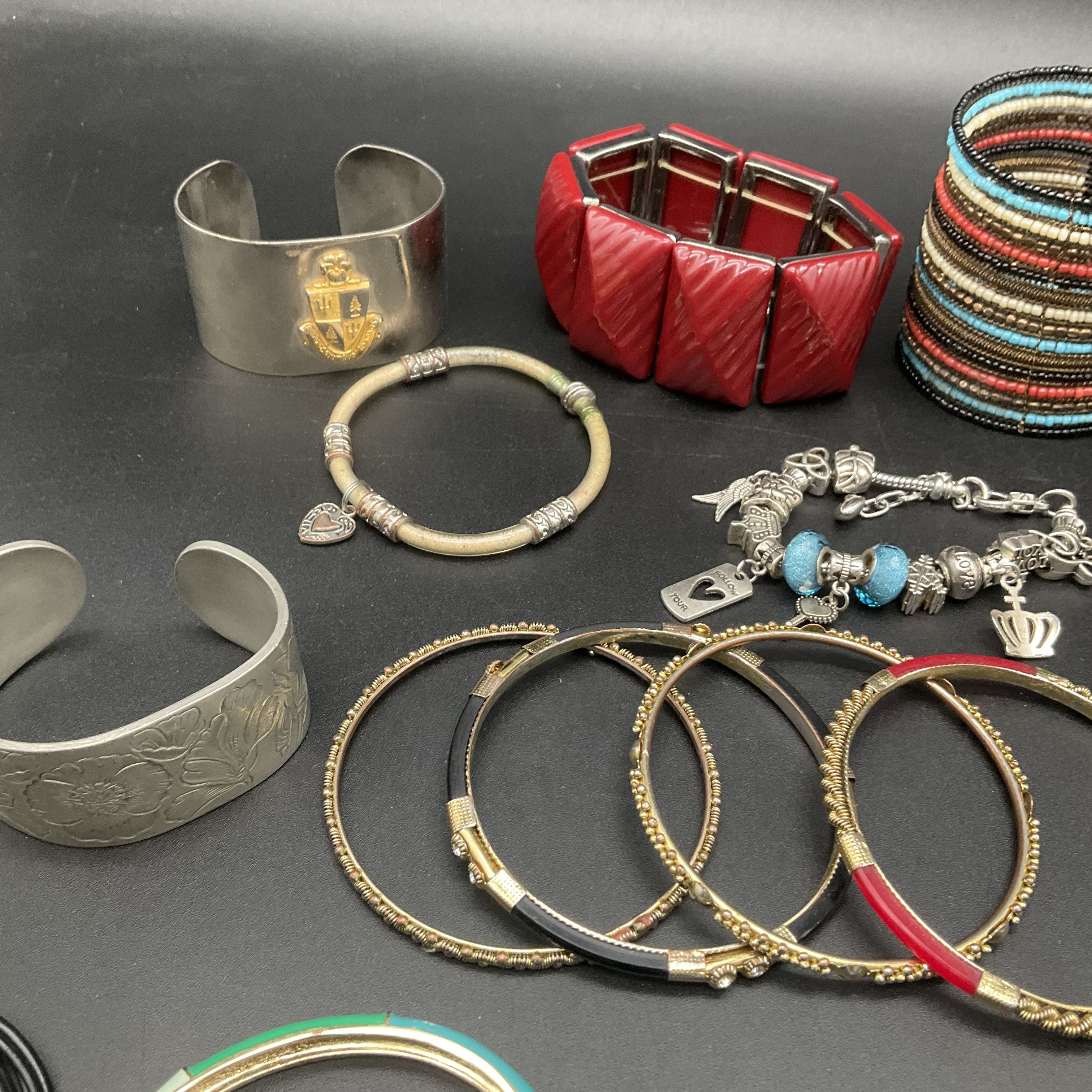 Vintage & Modern Costume Jewelry Lot 25+ Bracelets Bangles Cuffs Charms Beaded - Image 2