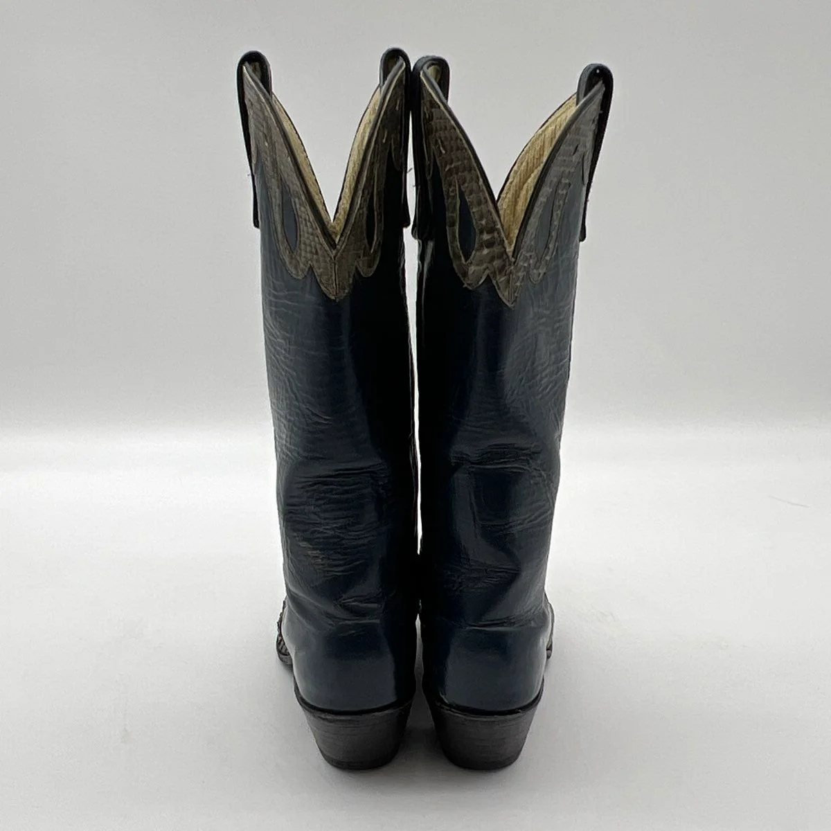 Vintage Nocona Navy Leather Snakeskin Exotic Cowboy Boots Size 7.5 B - Image 3