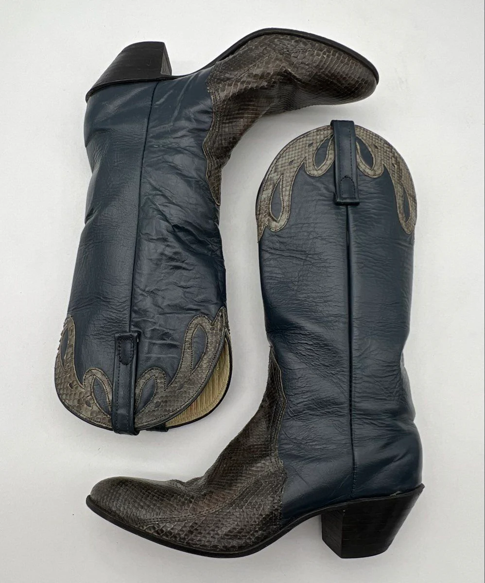 Vintage Nocona Navy Leather Snakeskin Exotic Cowboy Boots Size 7.5 B - Image 5